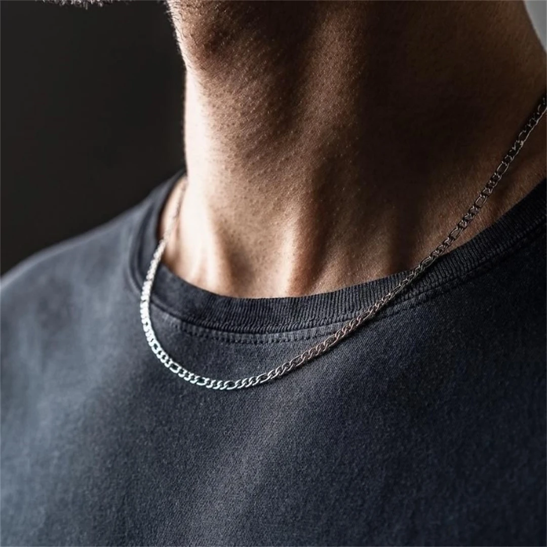 Fashion New Figaro Chain Necklace Men's Punk Silver Color Stainless Steel Long Necklace Men's Hip Hop Jewelry Gift