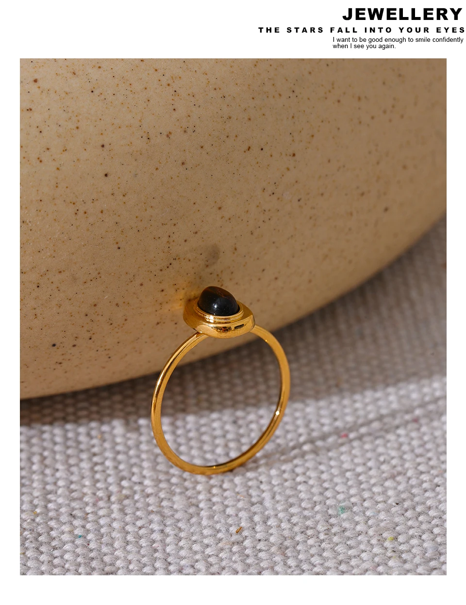 Yhpup Fashion Natural Stone Stainless Steel Oval Thin Chic Ring Women 18K PVD Plated Waterproof Jewelry Accessories Gift