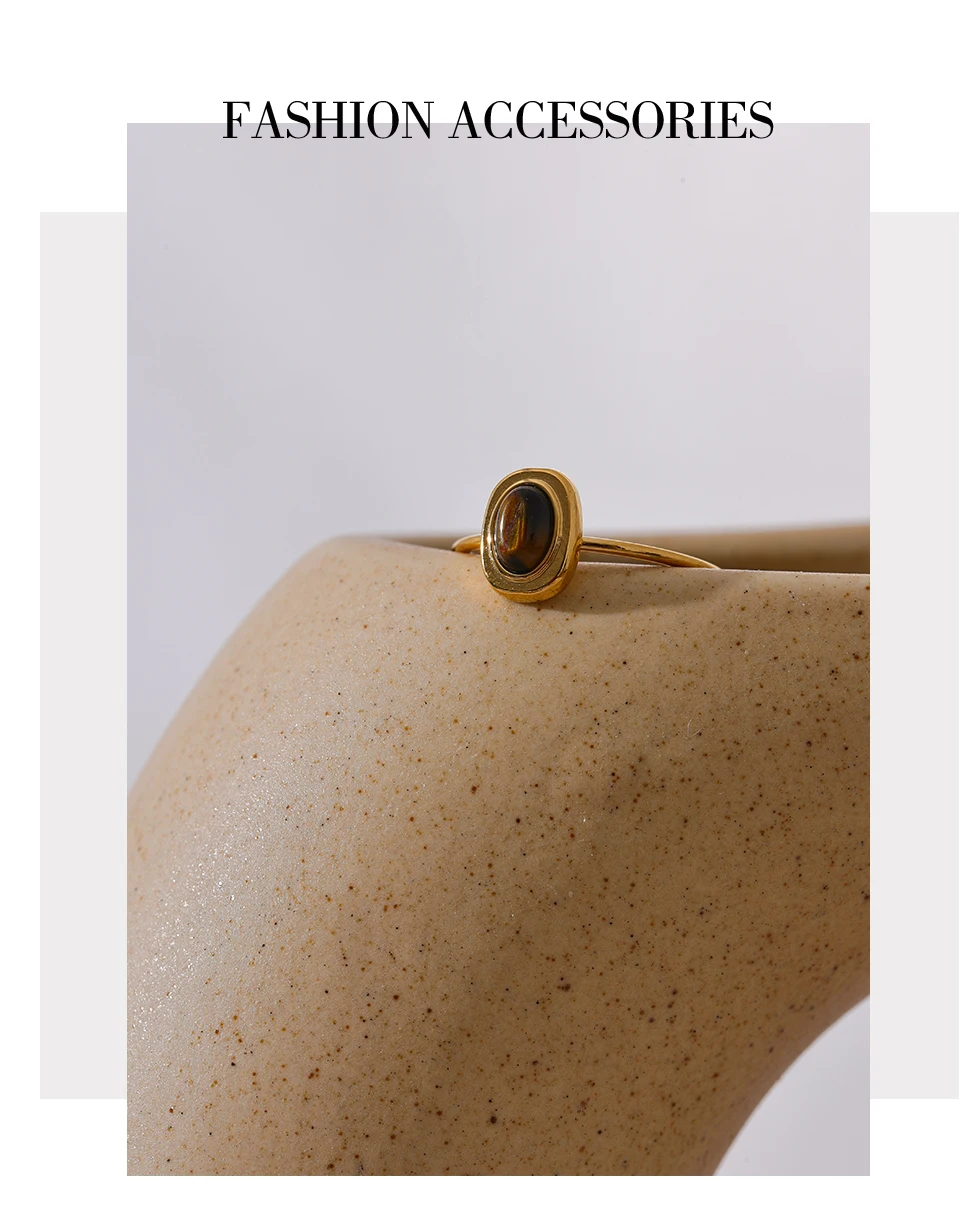 Yhpup Fashion Natural Stone Stainless Steel Oval Thin Chic Ring Women 18K PVD Plated Waterproof Jewelry Accessories Gift