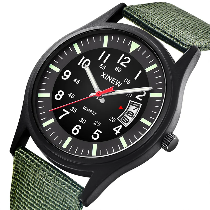Original XINEW Brand Watches For Men Fashion Nylon Band Military Sports Date Quartz Watch Erkek Barato Saat Relogio Masculino