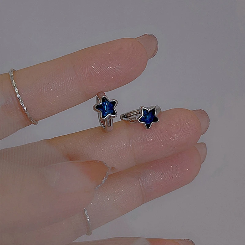 Y2K Trendy Cute Sweet Blue Star Hoop Earrings For Women Girls Simple New Fashion Vintage Earrings Aesthetic Jewelry Gift