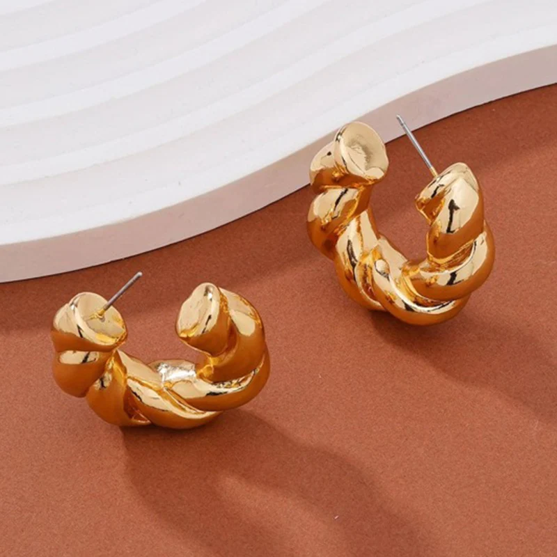 Gold Color Crystal Stone Hoop Earrings Twisted Metal Shape Silver Plating New Fashion Women Earrings Party Jewelry Birthday Gift