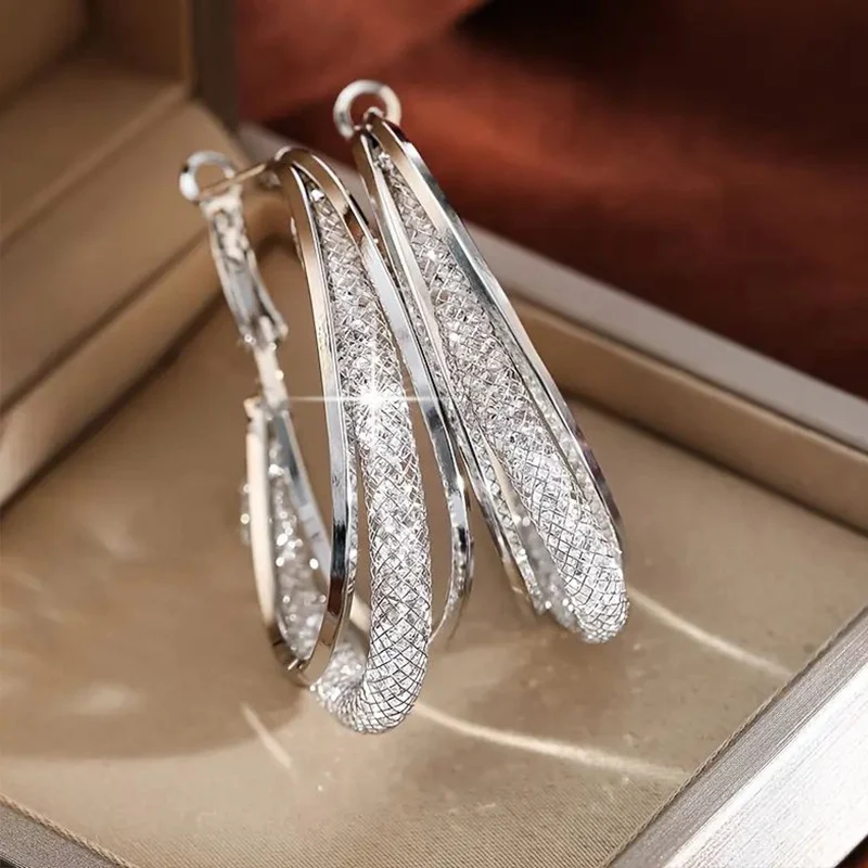 Gold Color Crystal Stone Hoop Earrings Twisted Metal Shape Silver Plating New Fashion Women Earrings Party Jewelry Birthday Gift