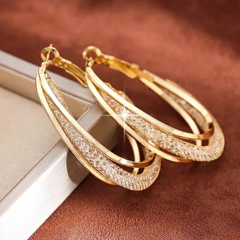 Gold Color Crystal Stone Hoop Earrings Twisted Metal Shape Silver Plating New Fashion Women Earrings Party Jewelry Birthday Gift