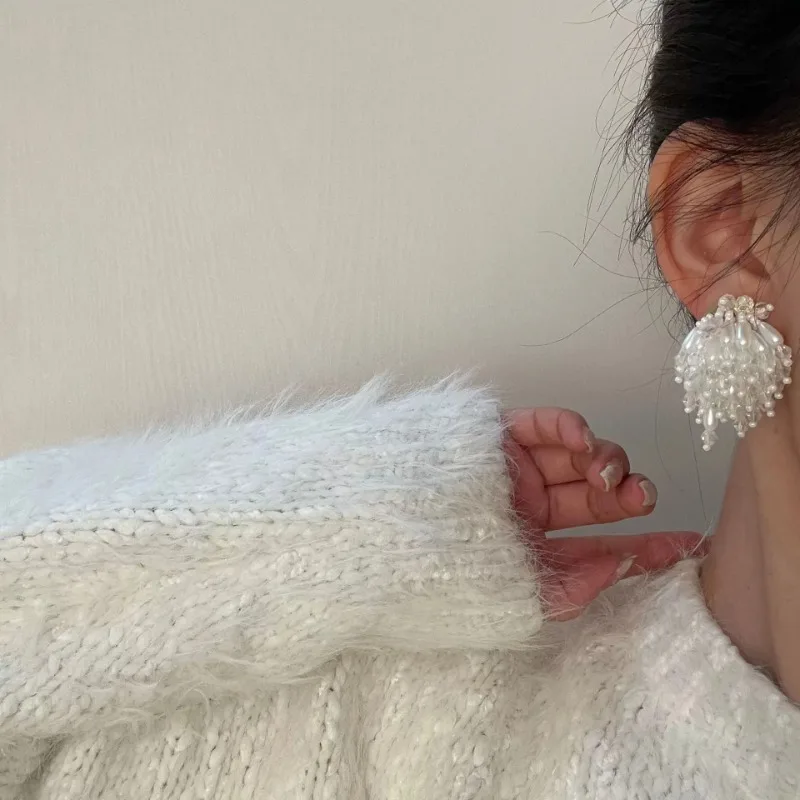 Simple New Style Exquisite Retro Personality Trend Beaded Crystal Pearl Flower Earrings Wedding Party Earrings Jewelry Wholesale
