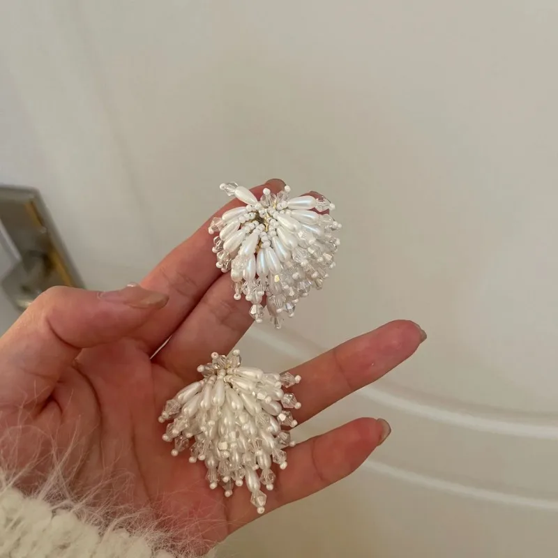 Simple New Style Exquisite Retro Personality Trend Beaded Crystal Pearl Flower Earrings Wedding Party Earrings Jewelry Wholesale