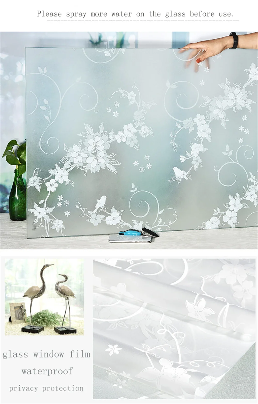 Decorative Privacy Vinyl Window Adhesive Film Window Sticker Decals Waterproof Sun UV Protection Bamboo Sliding Door Bathroom