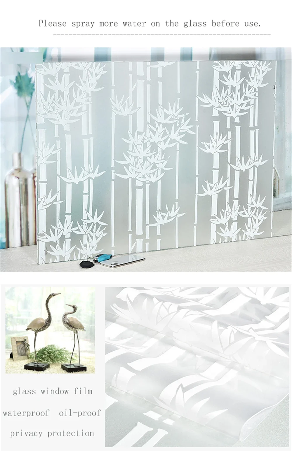 Decorative Privacy Vinyl Window Adhesive Film Window Sticker Decals Waterproof Sun UV Protection Bamboo Sliding Door Bathroom