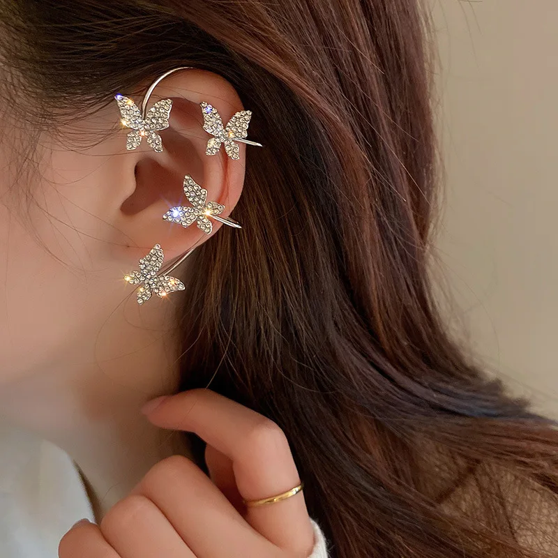 Luxury Star Butterfly Clip Earrings Female Crystal Tassel Ear Clip Earring Sparkling Zircon Ear Cuff Fashion Jewelry accessories