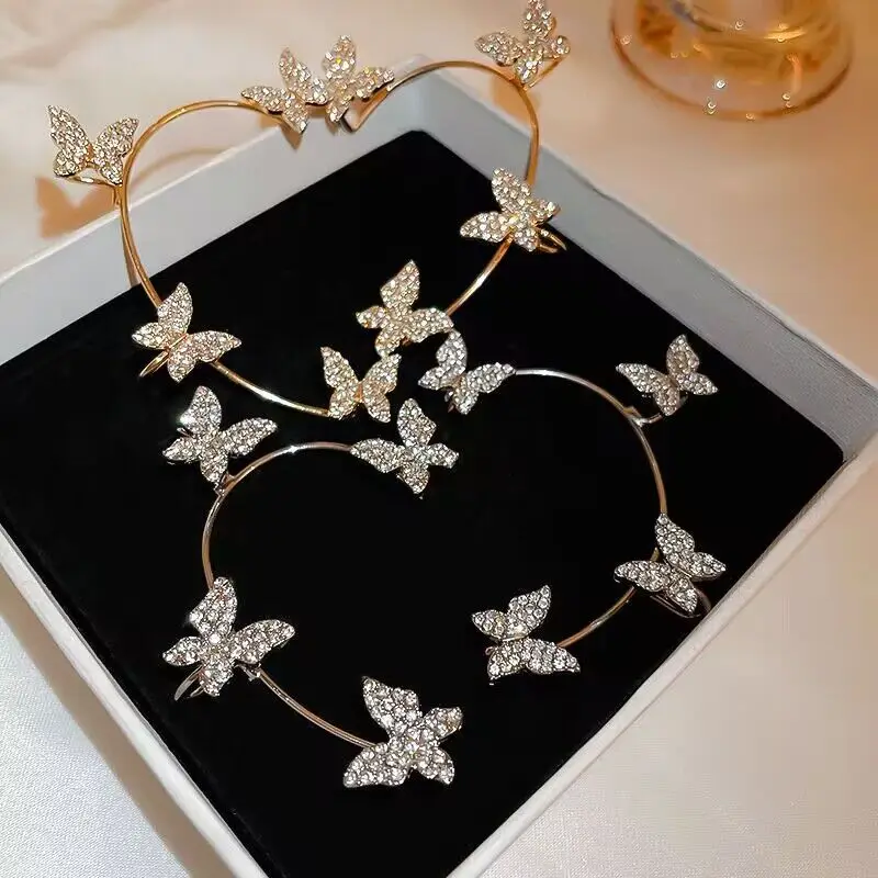 Luxury Star Butterfly Clip Earrings Female Crystal Tassel Ear Clip Earring Sparkling Zircon Ear Cuff Fashion Jewelry accessories