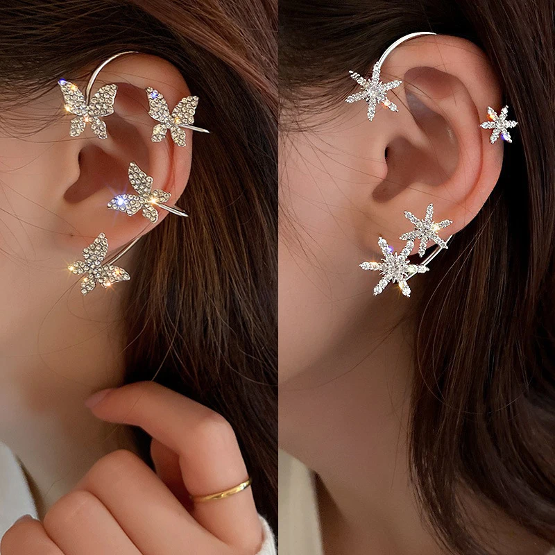 Luxury Star Butterfly Clip Earrings Female Crystal Tassel Ear Clip Earring Sparkling Zircon Ear Cuff Fashion Jewelry accessories