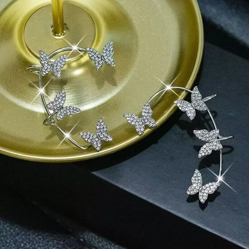 Luxury Star Butterfly Clip Earrings Female Crystal Tassel Ear Clip Earring Sparkling Zircon Ear Cuff Fashion Jewelry accessories