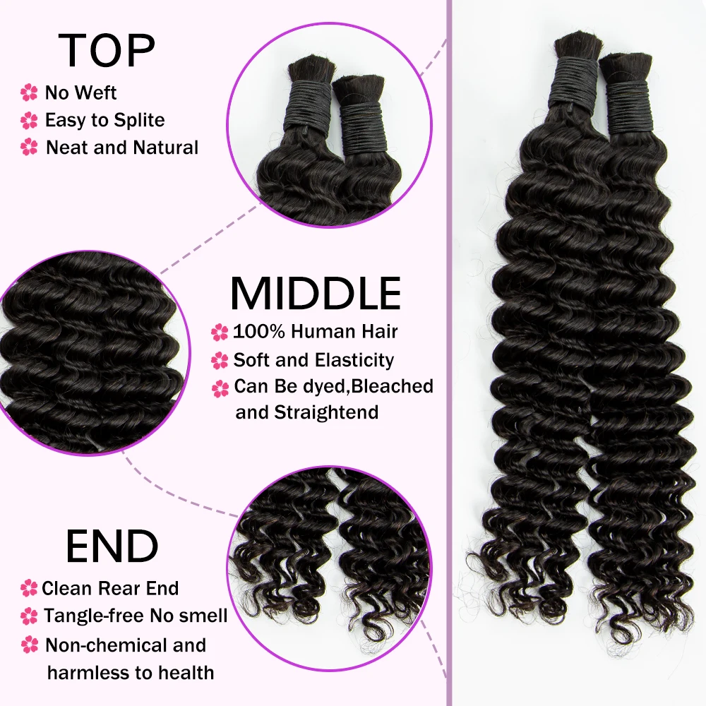 Natural Human Braiding Hair 22 24 Inch Deep Water Wave Bulk Human Hair for Boho Braids No Weft 16A Virgin Curly Hair Extensions