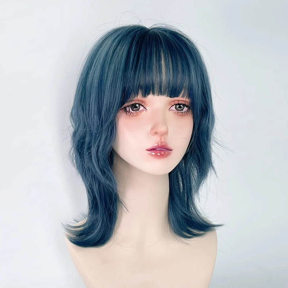 Blue Synthetic Mullet Head Wig with Bangs Short Straight Lolita Anime Cosplay Fluffy Hair Wig for Daily Party