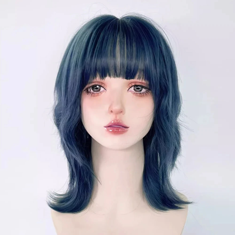 Blue Synthetic Mullet Head Wig with Bangs Short Straight Lolita Anime Cosplay Fluffy Hair Wig for Daily Party