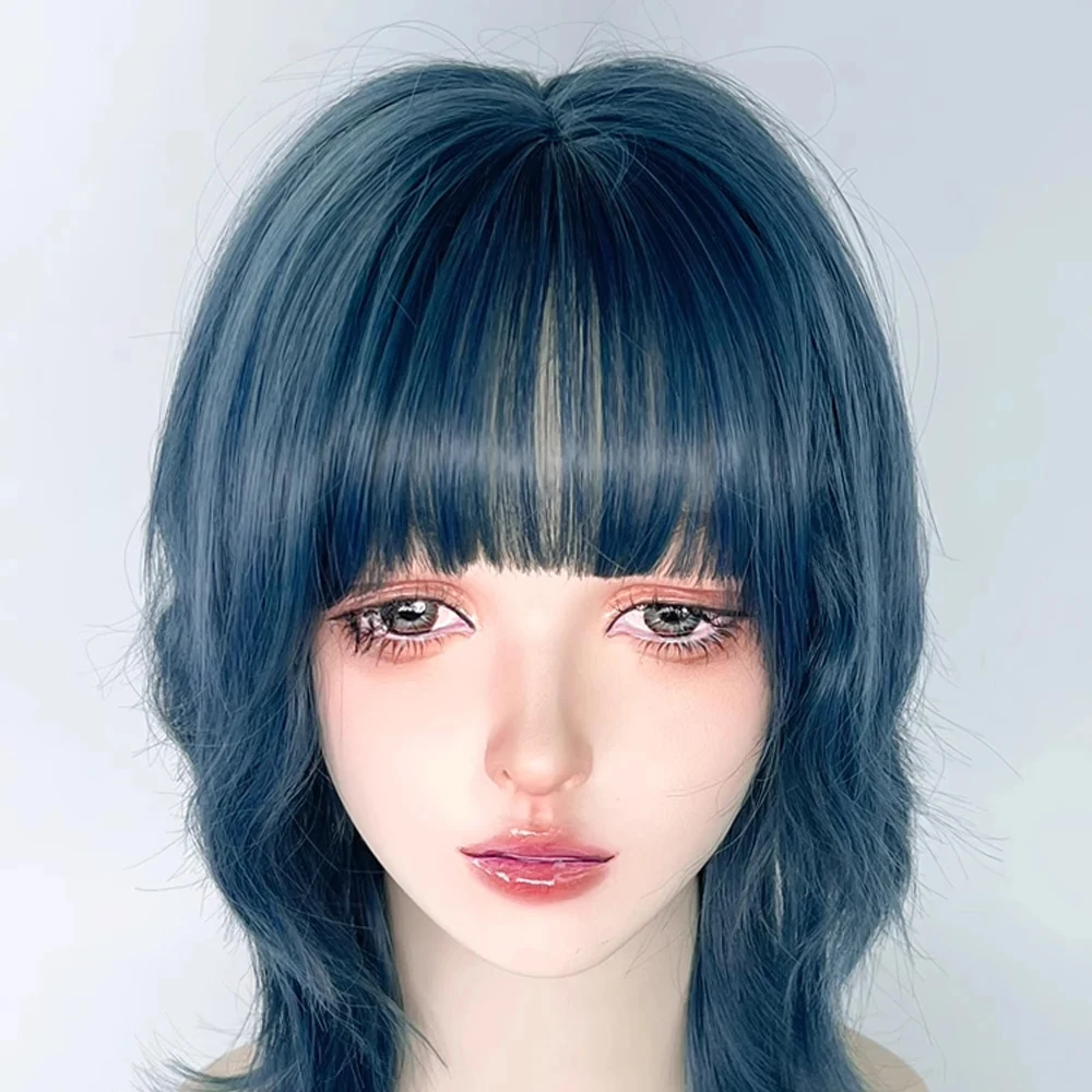 Blue Synthetic Mullet Head Wig with Bangs Short Straight Lolita Anime Cosplay Fluffy Hair Wig for Daily Party