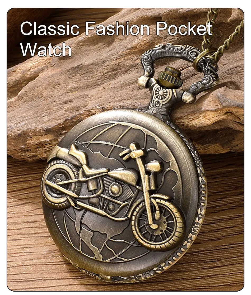 Retro Motorcycle CAR Pattern Quartz Pocket Watch Motorbike MOTO Design Pendant Fob Watch Chain Gifts for Men