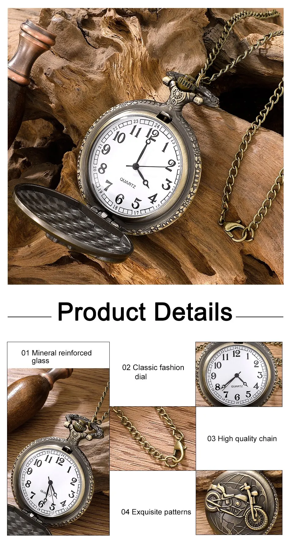 Retro Motorcycle CAR Pattern Quartz Pocket Watch Motorbike MOTO Design Pendant Fob Watch Chain Gifts for Men