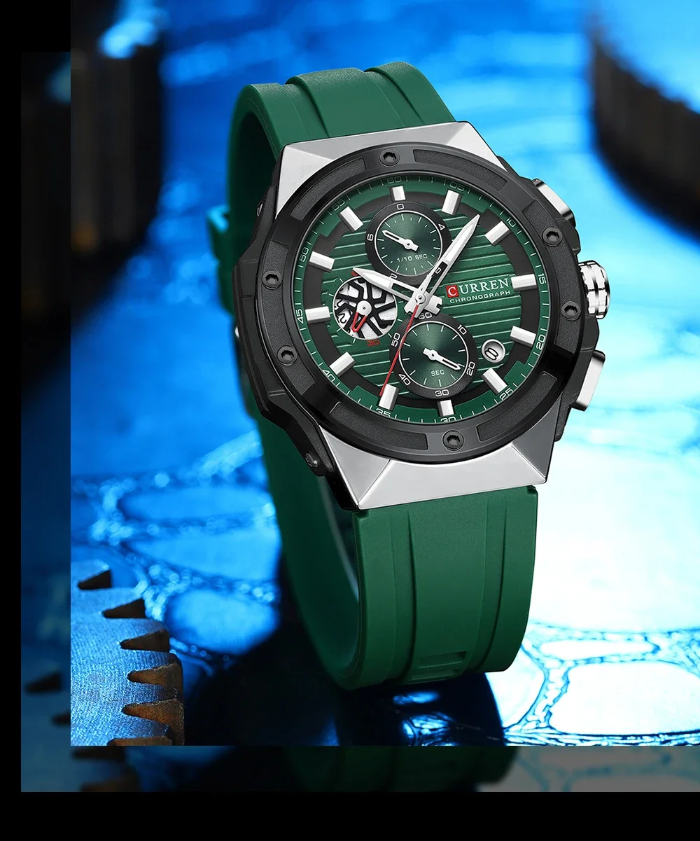 CURREN Fashionable Sports Multifunctional Chronograph Quartz Watch with Silicone Strap Creative Design Dial Luminous Hands