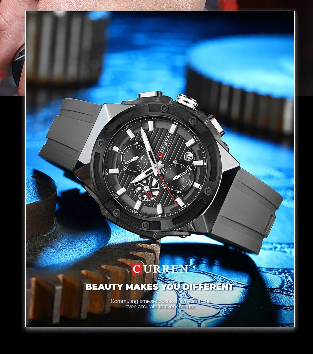 CURREN Fashionable Sports Multifunctional Chronograph Quartz Watch with Silicone Strap Creative Design Dial Luminous Hands