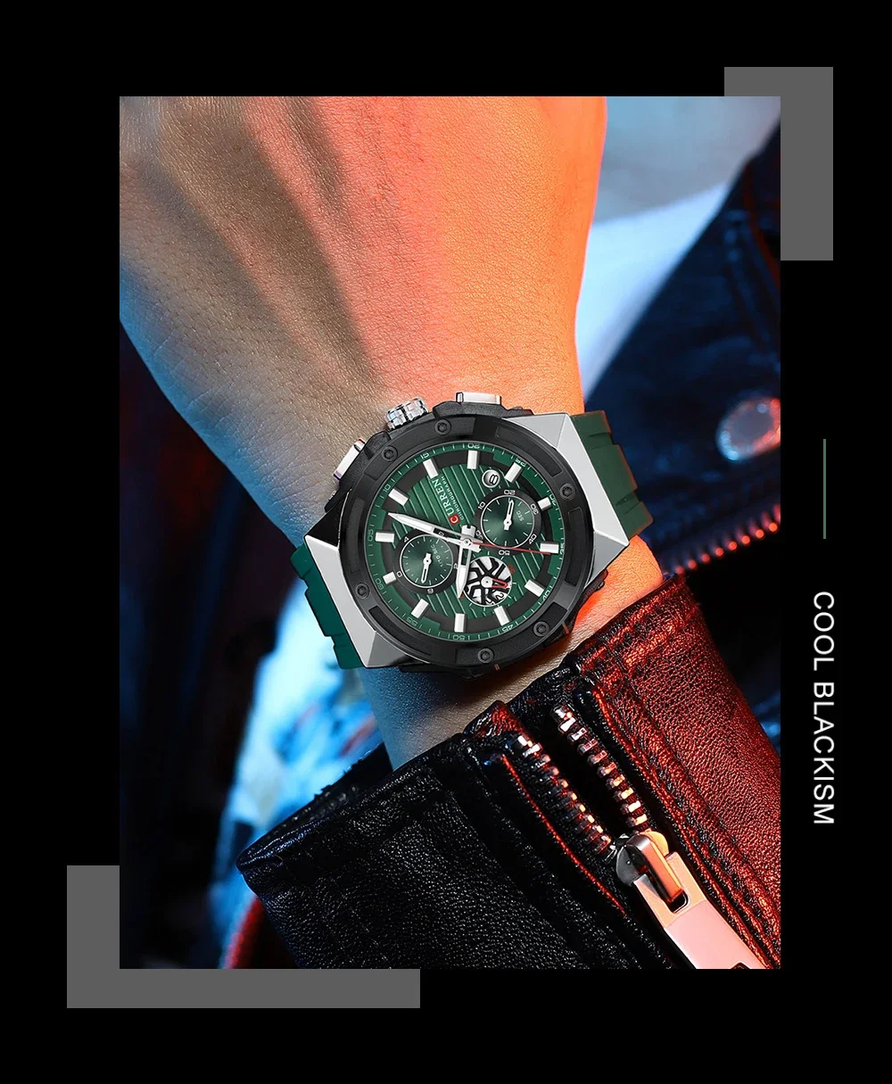 CURREN Fashionable Sports Multifunctional Chronograph Quartz Watch with Silicone Strap Creative Design Dial Luminous Hands