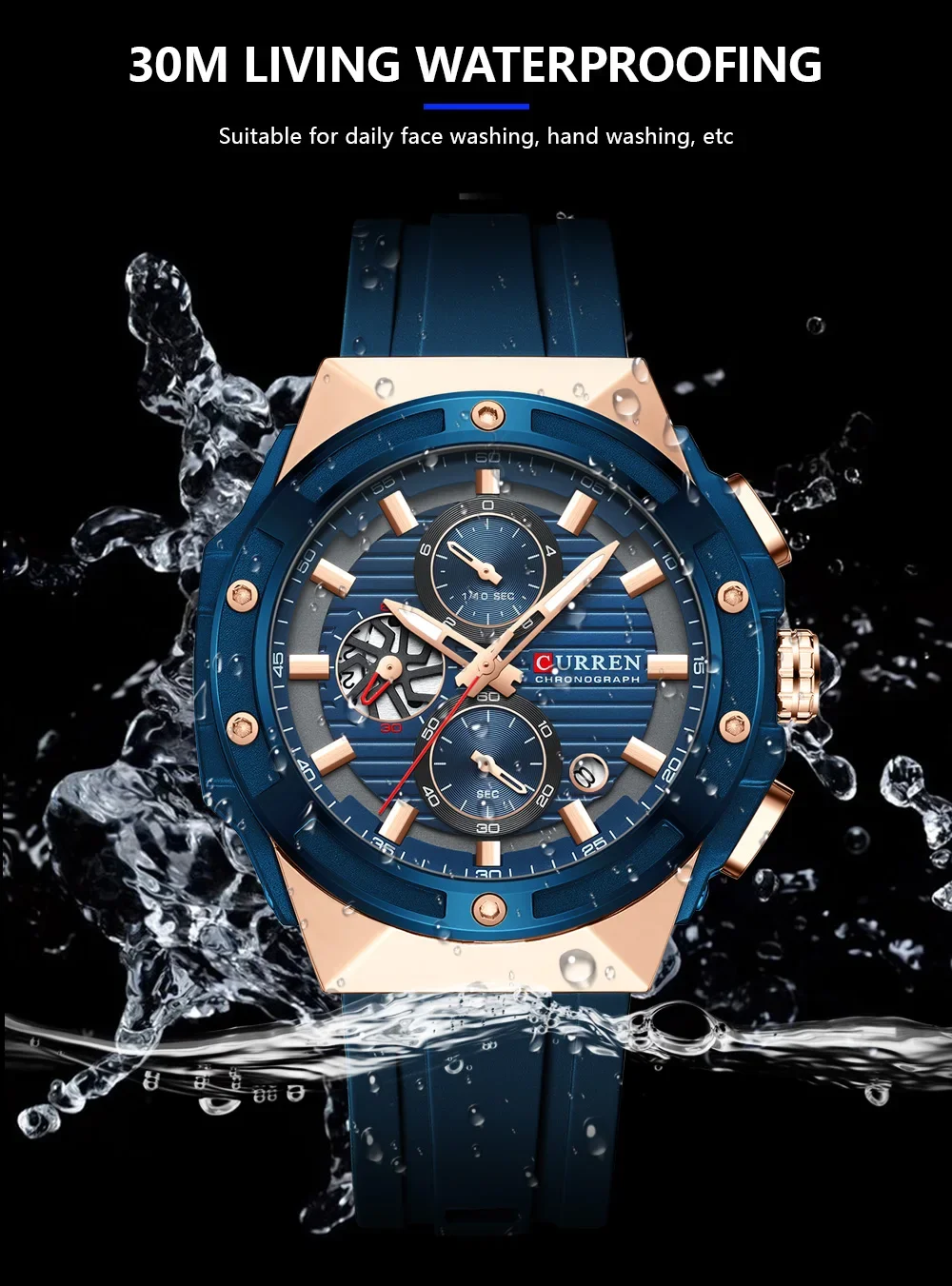 CURREN Fashionable Sports Multifunctional Chronograph Quartz Watch with Silicone Strap Creative Design Dial Luminous Hands