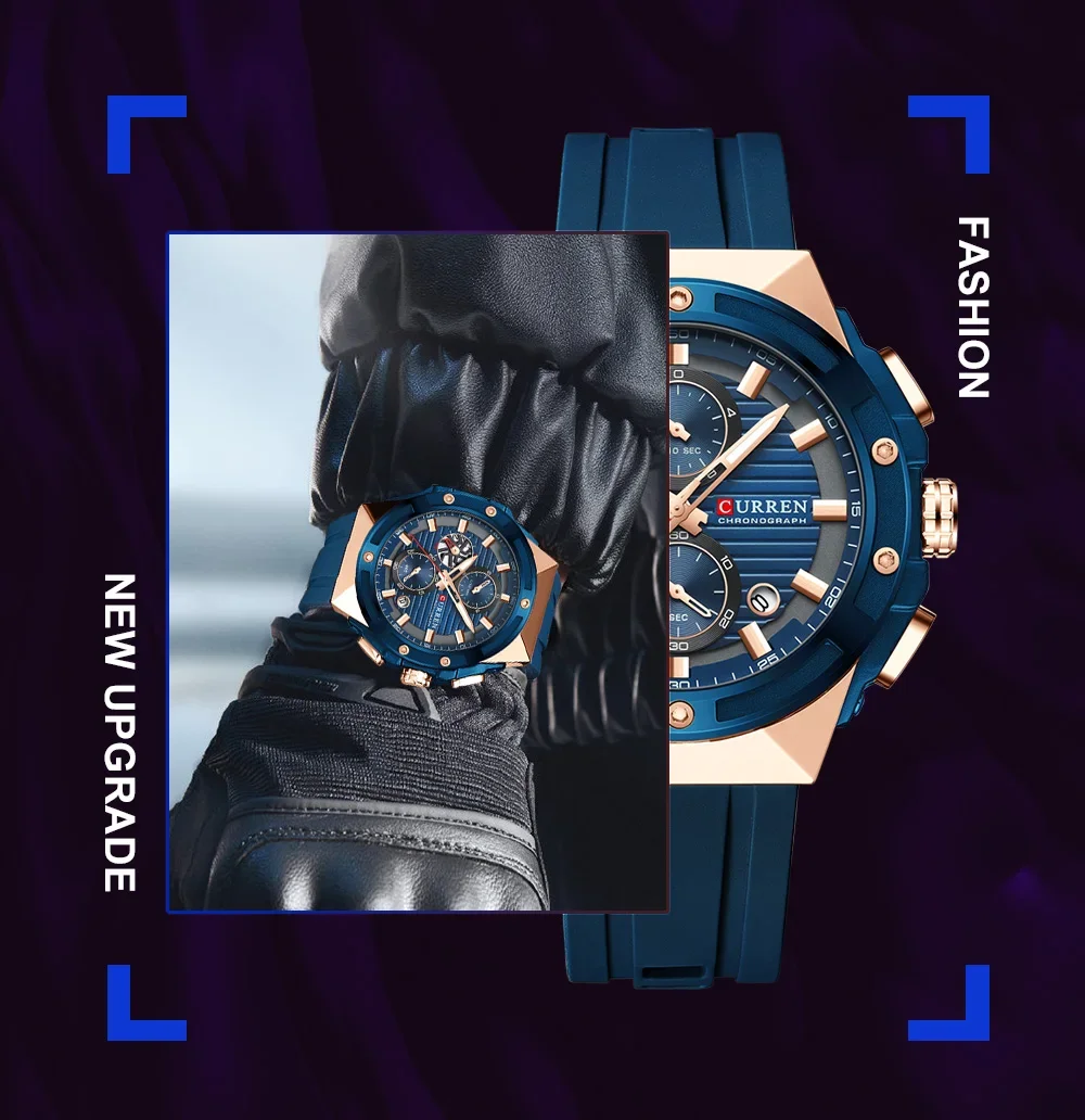 CURREN Fashionable Sports Multifunctional Chronograph Quartz Watch with Silicone Strap Creative Design Dial Luminous Hands
