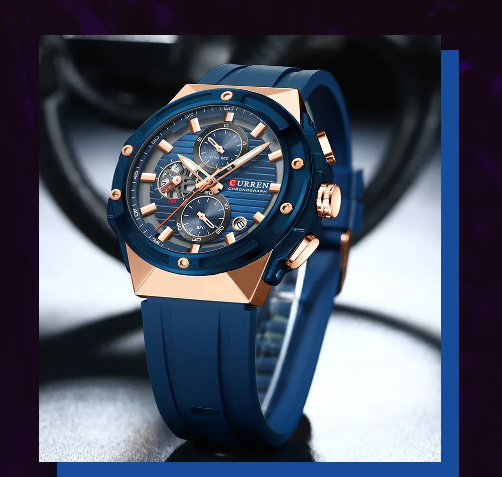 CURREN Fashionable Sports Multifunctional Chronograph Quartz Watch with Silicone Strap Creative Design Dial Luminous Hands