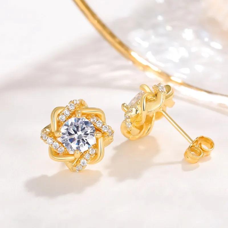 Huitan Dainty Gold Color Cubic Zirconia Stud Earrings for Women Fashion Contracted Design Bridal Wedding Earrings Luxury Jewelry