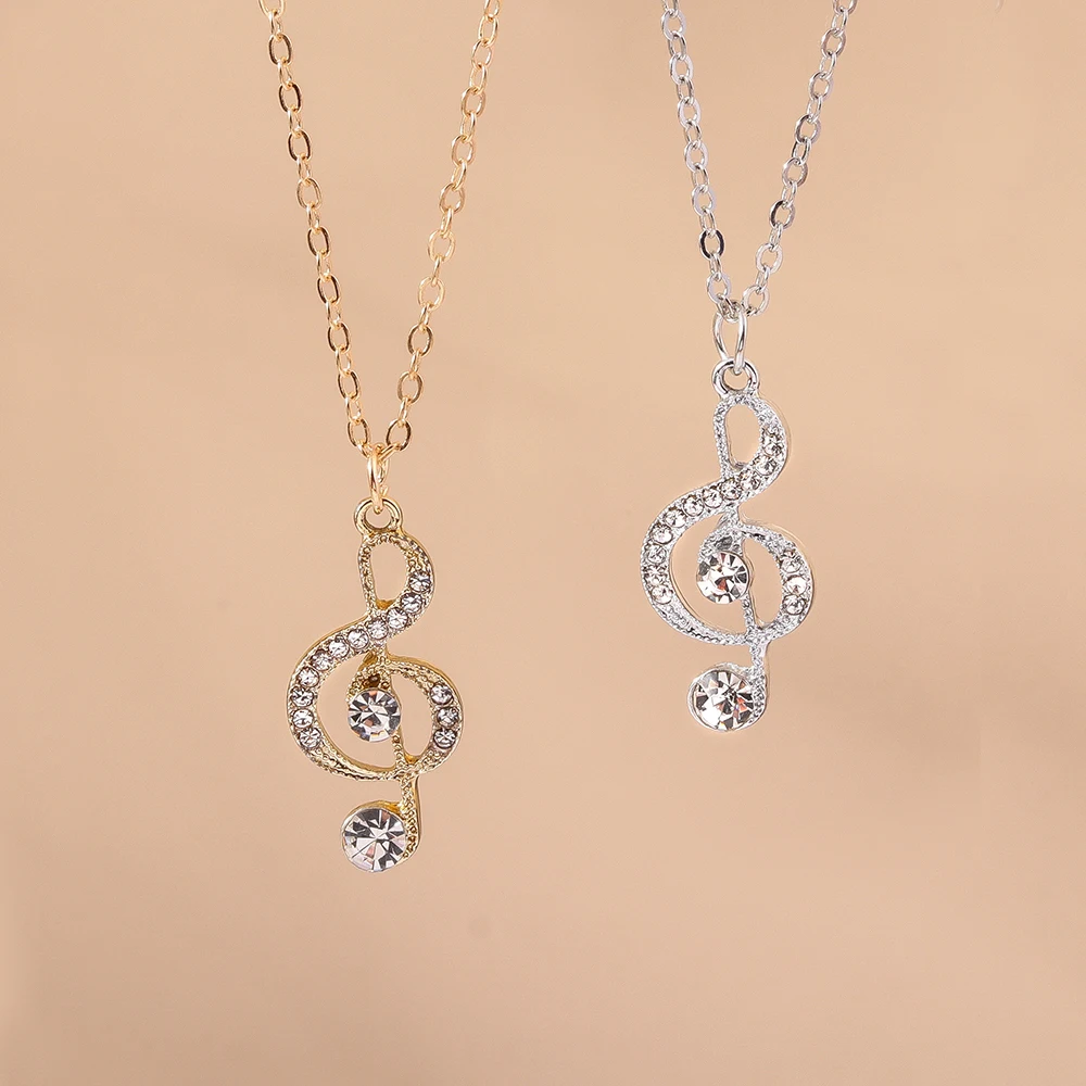 Aihua Gold Silver Color Delicate Crystal Music Note Necklaces for Women Girls Korean Musical Pendant Necklace Jewelry Gifts