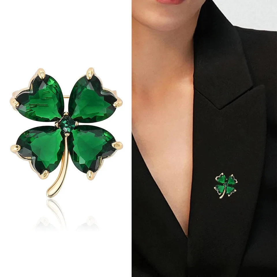 Delicate Green Crystal Lucky Four Leaf Clover Brooches for Women Retro Emerald Heart Lapel Pin Female Wedding Clothing Jewelry