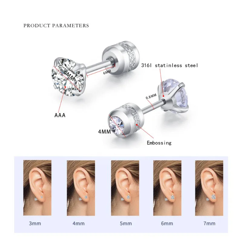 2pcs 20G Hypoallergenic Titanium Steel Stud Earrings for Men Women, Zircon Screw Back Earring Cartilage Tragus Ear Piercing Gift
