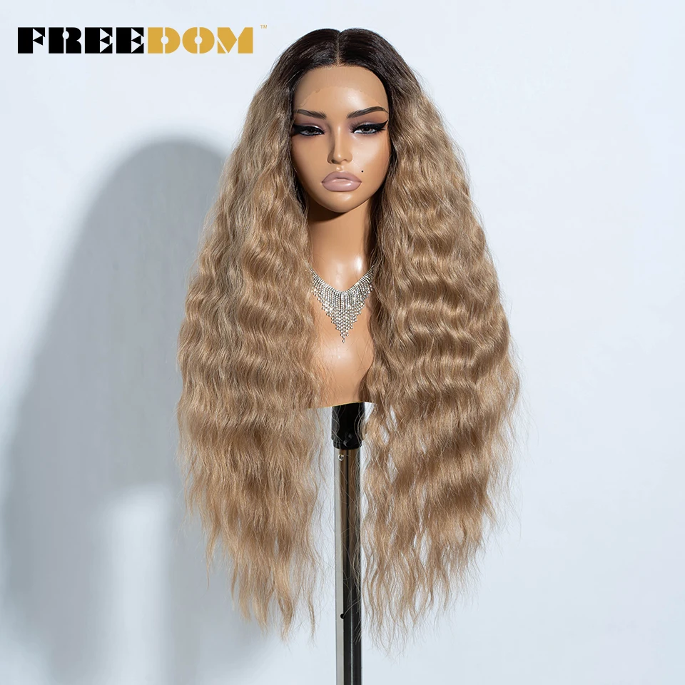 FREEDOM Curly Synthetic Lace Front Wigs For Women 30 Inches Soft Wavy Ombre Blonde Ginger Highlight Cosplay Wigs Heat Resistant