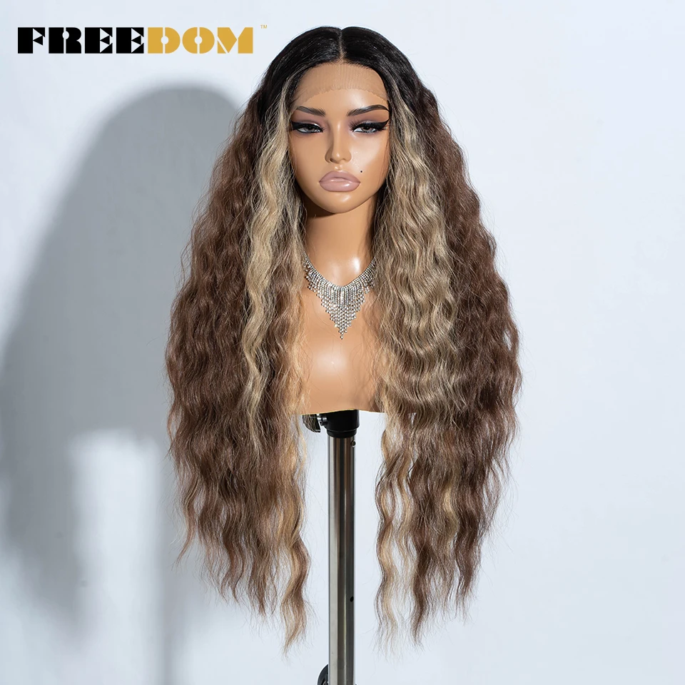 FREEDOM Curly Synthetic Lace Front Wigs For Women 30 Inches Soft Wavy Ombre Blonde Ginger Highlight Cosplay Wigs Heat Resistant