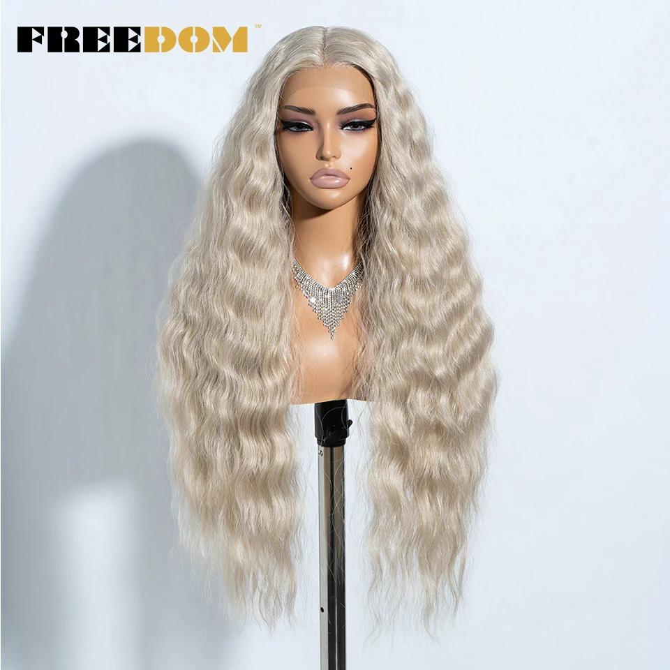 FREEDOM Curly Synthetic Lace Front Wigs For Women 30 Inches Soft Wavy Ombre Blonde Ginger Highlight Cosplay Wigs Heat Resistant