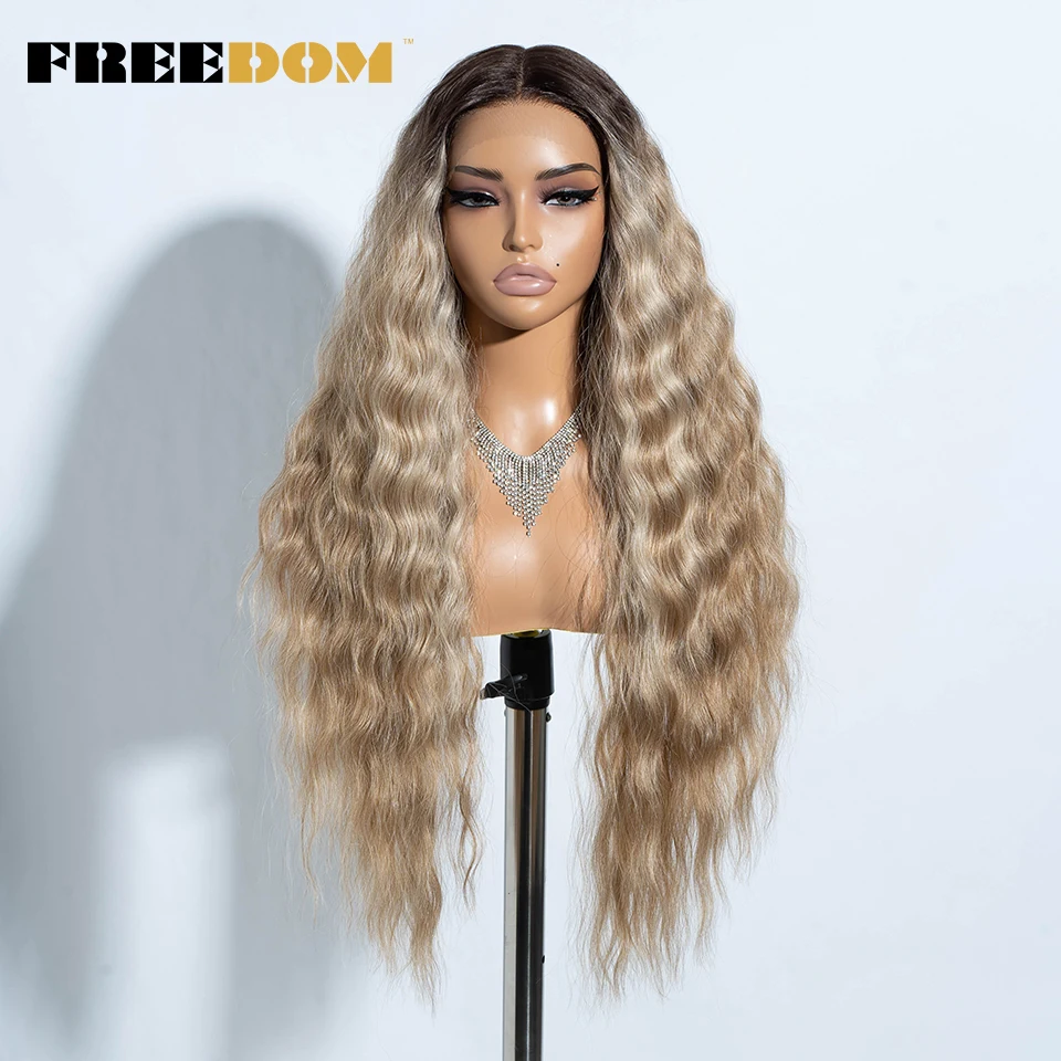 FREEDOM Curly Synthetic Lace Front Wigs For Women 30 Inches Soft Wavy Ombre Blonde Ginger Highlight Cosplay Wigs Heat Resistant