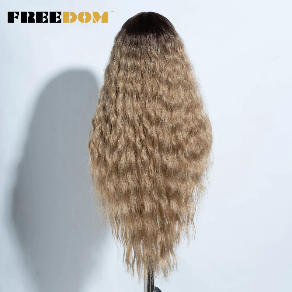 FREEDOM Curly Synthetic Lace Front Wigs For Women 30 Inches Soft Wavy Ombre Blonde Ginger Highlight Cosplay Wigs Heat Resistant