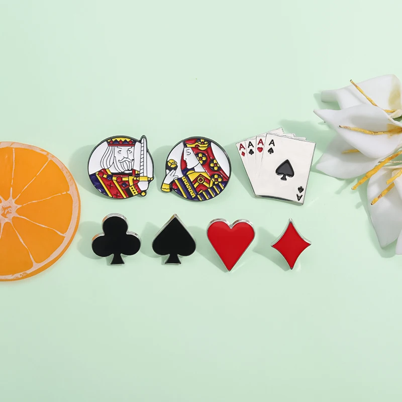 Creative Playing Cards Poker Brooch Enamel Pin Custom Red Heart Spades King Queen Brooches Lapel Badge Funny Jewelry Accessories