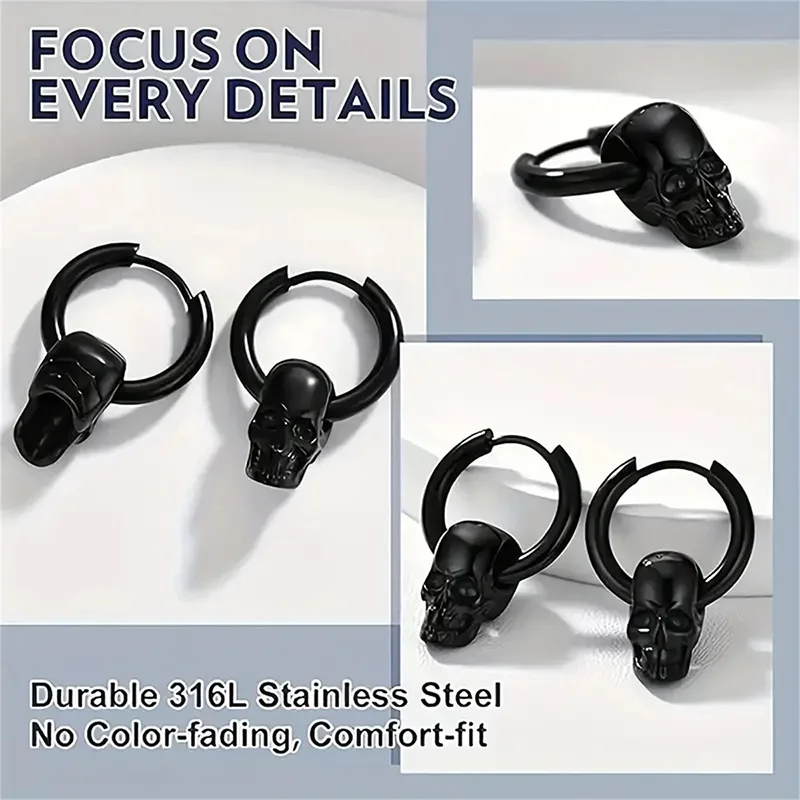 1 Pair Of black Skull Head And Hoops Luxury Earrings of Men's Earring For Jewellery 2024,men's stainless steel earring Women, Go