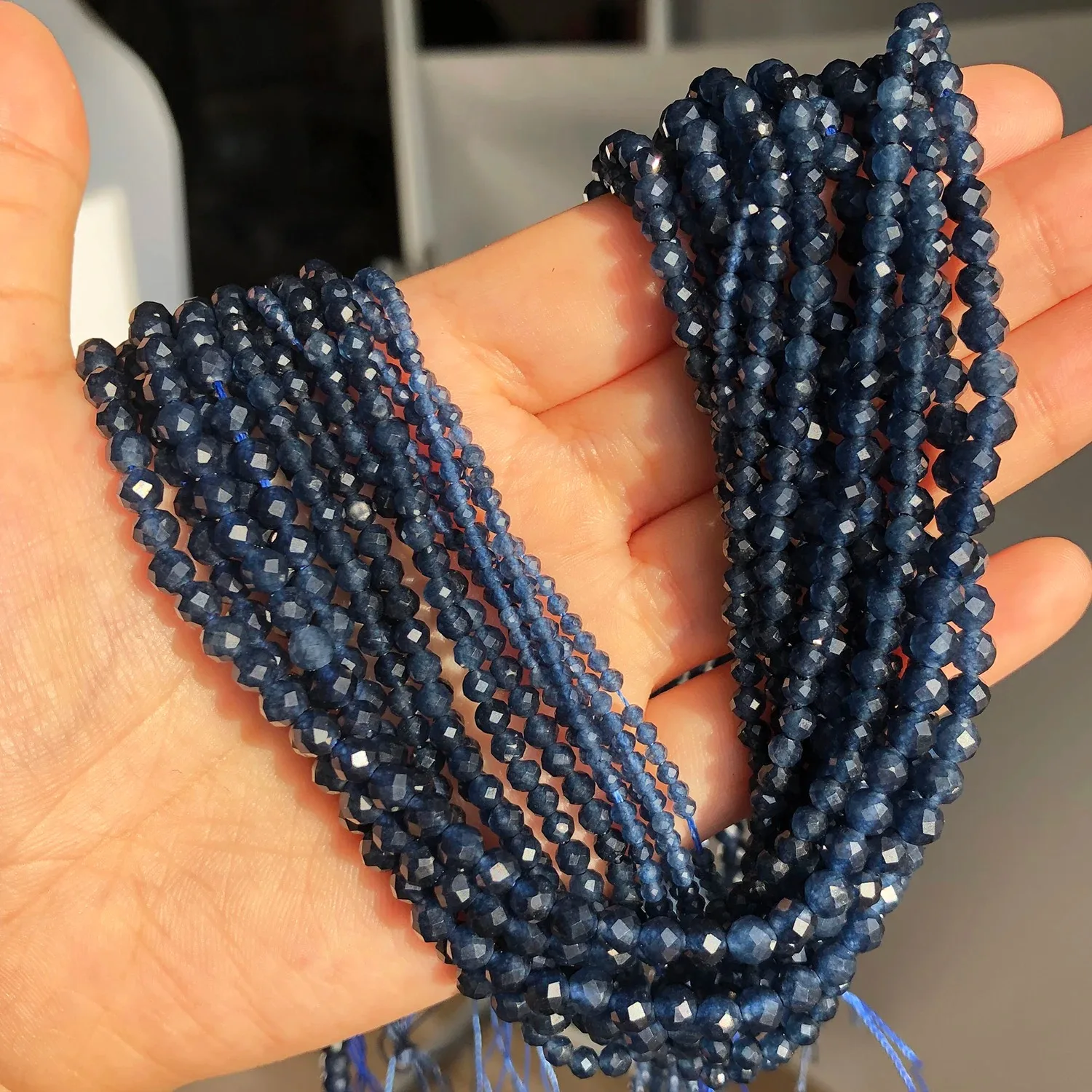 1PC 2/3/4mm Blue Sapphire Natural Faceted Stone Beads Loose Spacer Beads for Jewelry Making DIY Earrings Necklace Charms
