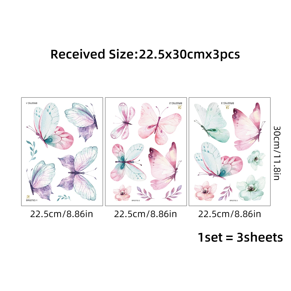 3Pcs Watercolor Butterflies Wall Stickers Kids Room Girls Room Decoration for Children Bedroom Decor for House Living Room