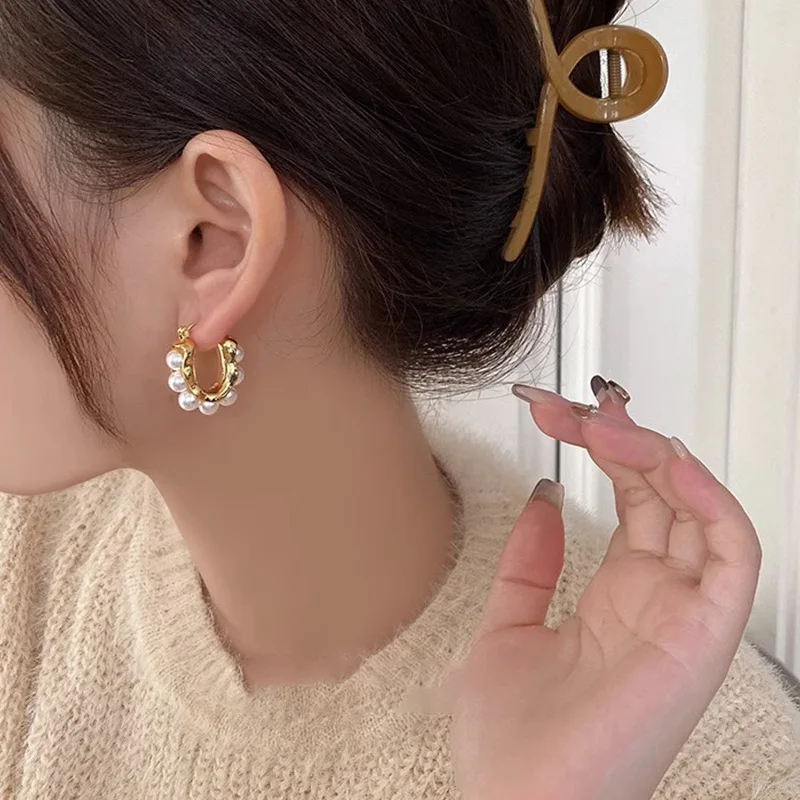 Stylish U-shaped Hoop Earrings Golden Elegant Imitation Pearl Earrings Wedding Party Luxury Accessories Women's Gifts