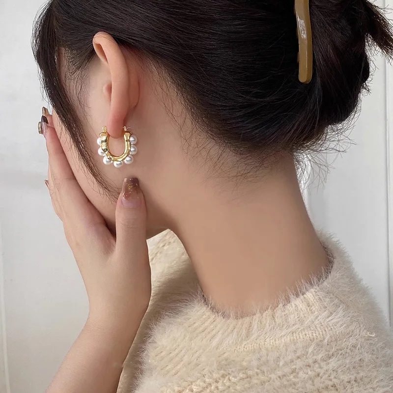 Stylish U-shaped Hoop Earrings Golden Elegant Imitation Pearl Earrings Wedding Party Luxury Accessories Women's Gifts