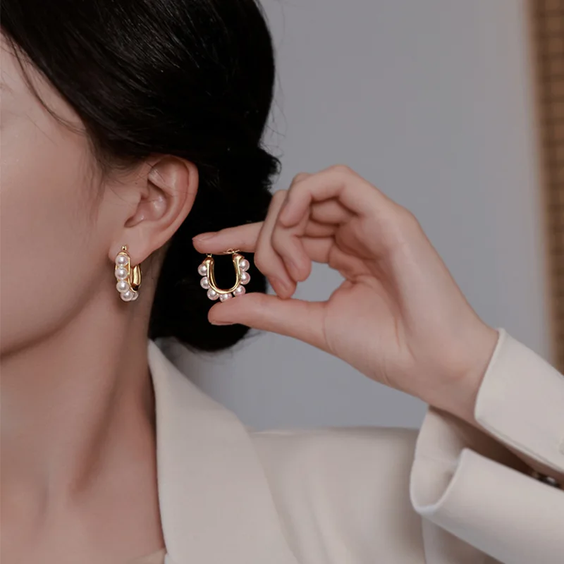 Stylish U-shaped Hoop Earrings Golden Elegant Imitation Pearl Earrings Wedding Party Luxury Accessories Women's Gifts