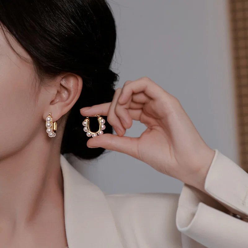 Stylish U-shaped Hoop Earrings Golden Elegant Imitation Pearl Earrings Wedding Party Luxury Accessories Women's Gifts