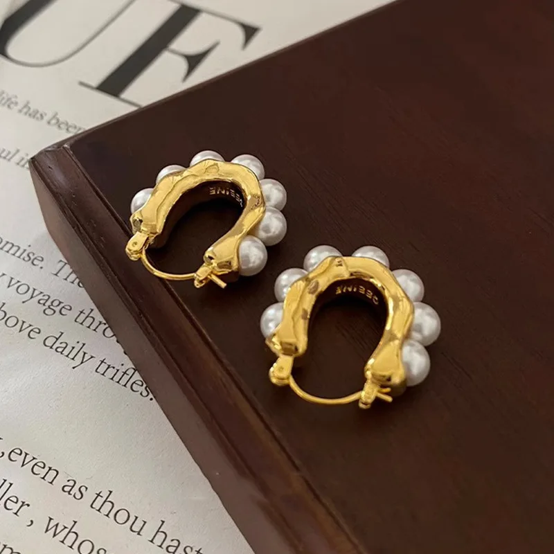 Stylish U-shaped Hoop Earrings Golden Elegant Imitation Pearl Earrings Wedding Party Luxury Accessories Women's Gifts