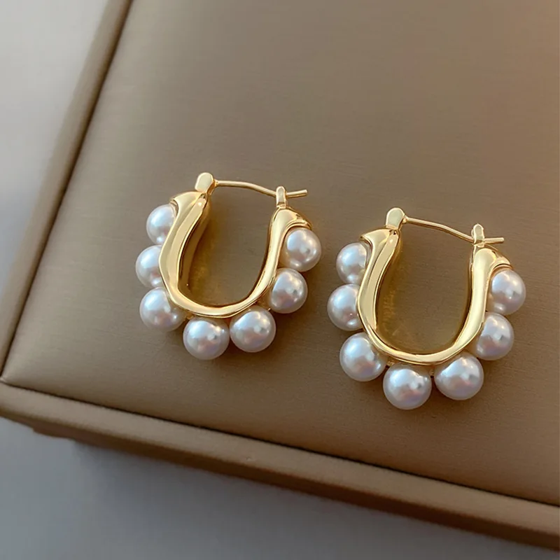 Stylish U-shaped Hoop Earrings Golden Elegant Imitation Pearl Earrings Wedding Party Luxury Accessories Women's Gifts