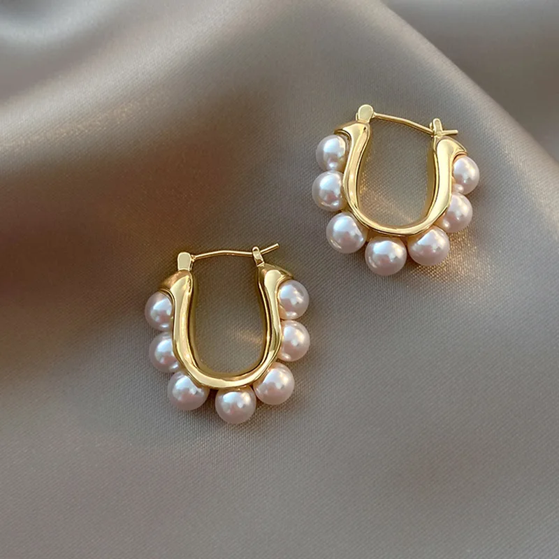 Stylish U-shaped Hoop Earrings Golden Elegant Imitation Pearl Earrings Wedding Party Luxury Accessories Women's Gifts