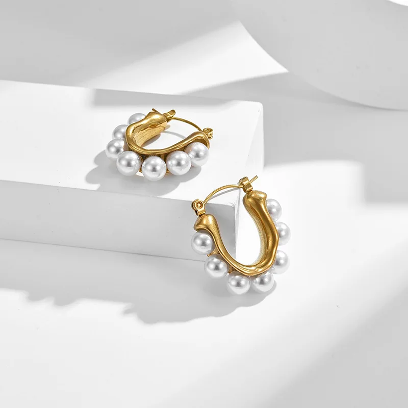 Stylish U-shaped Hoop Earrings Golden Elegant Imitation Pearl Earrings Wedding Party Luxury Accessories Women's Gifts
