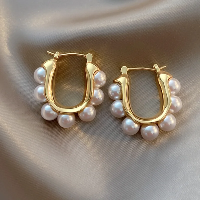 Stylish U-shaped Hoop Earrings Golden Elegant Imitation Pearl Earrings Wedding Party Luxury Accessories Women's Gifts